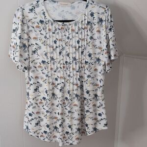 Floral Print Women's Blouse in White and Blue